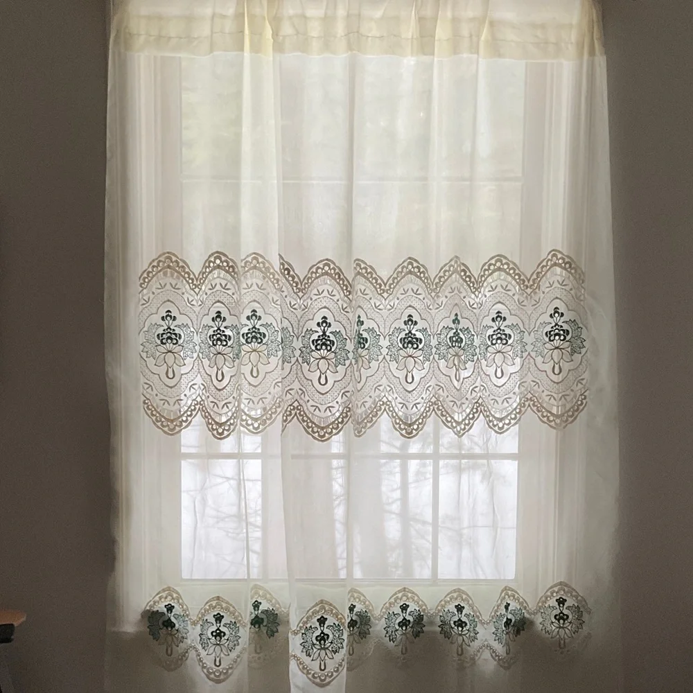 Vintage Elegant Cream and Green Lace Embroidered Curtain